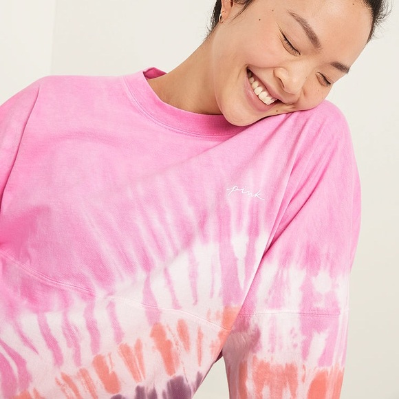 💗VS PINK PINK TIE DYE LOGO VARSITY CREW TEE - Picture 2 of 5
